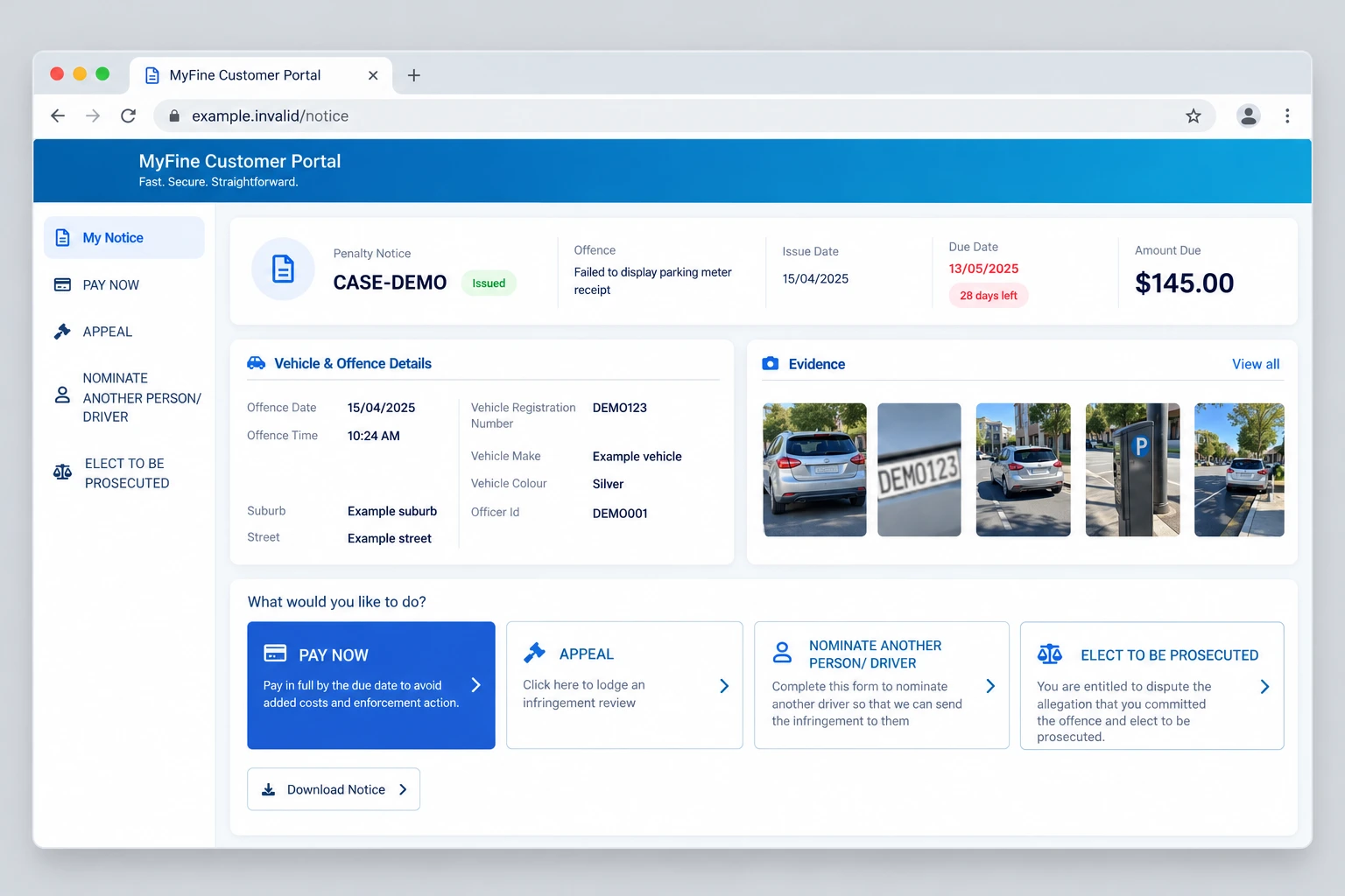 MyFine customer portal showing notice information, evidence and response options